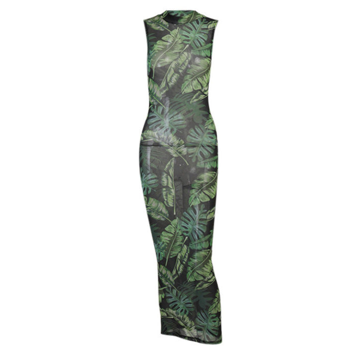 Banana Leaf Printed Mesh See-Through Sexy Hip Vest Dress