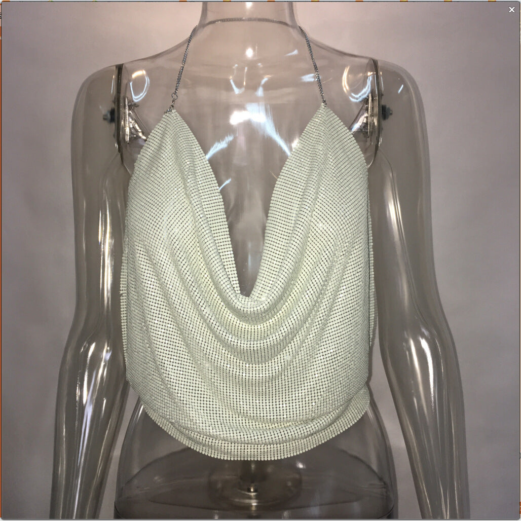 Metallic Sequined Sling Deep V Umbilical Vest