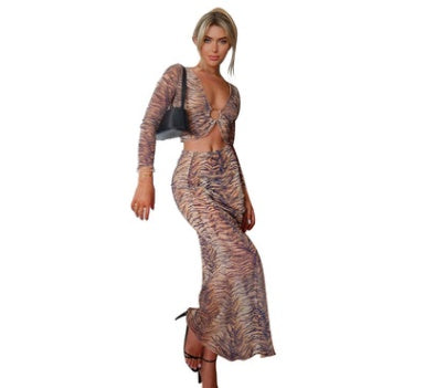 European And American Foreign Trade Women's Leopard Print Round Ring Wooden Ears Navel Long Skirt Suit