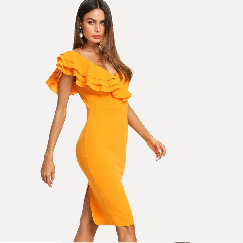 Deep V-neck ruffled dress