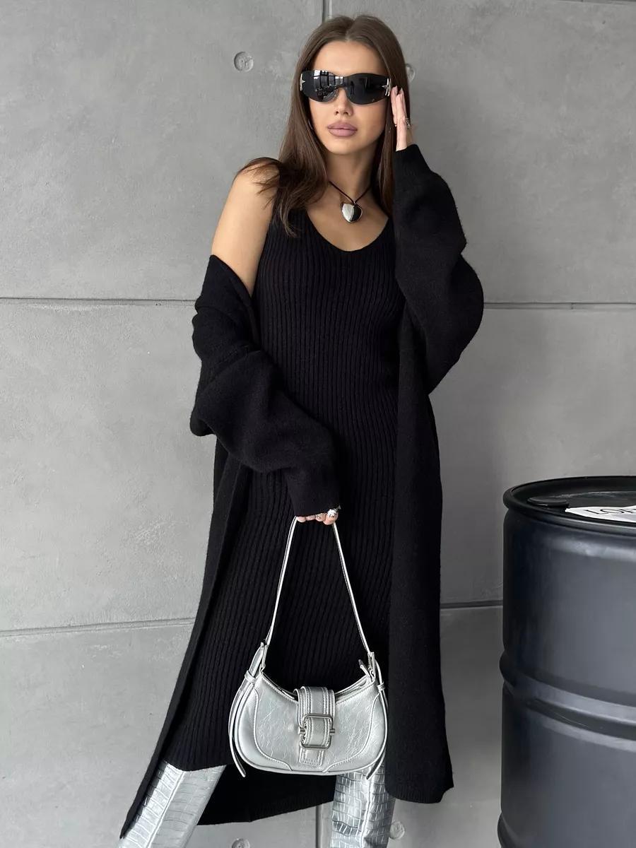 2pcs Knitted Suit Fashion Slim Sleeveless Long Dress And Casual Loose Cardigan Spring Fall Women's Clothing