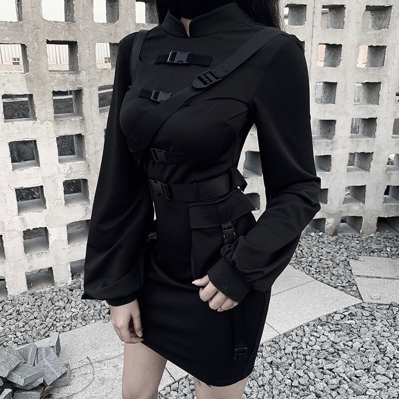 High waist stand collar dress