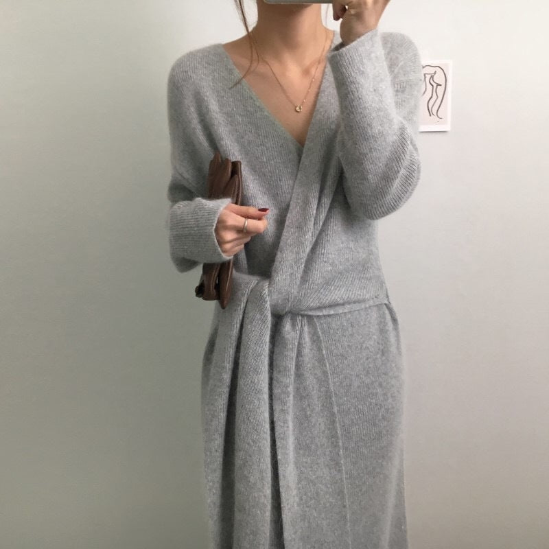 Sweater Dress Women Fashion Office Lady V Neck Knitted