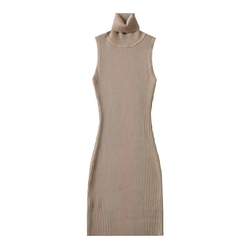 Mature Elegant Turtleneck Knitting Slim Sleeveless Vest Dress