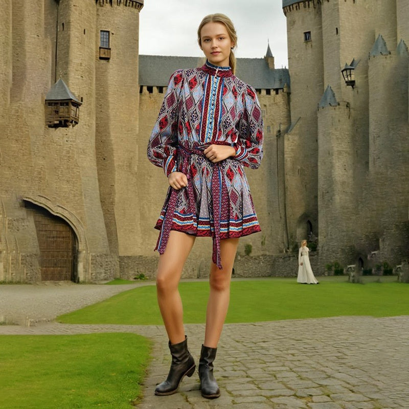 Nische böhmischer Herbst Herbst neuer Stand-up-Kragen Puffhülle Schnüre-up Taillenrock mit Kontrastfarbe Kleid Frauen