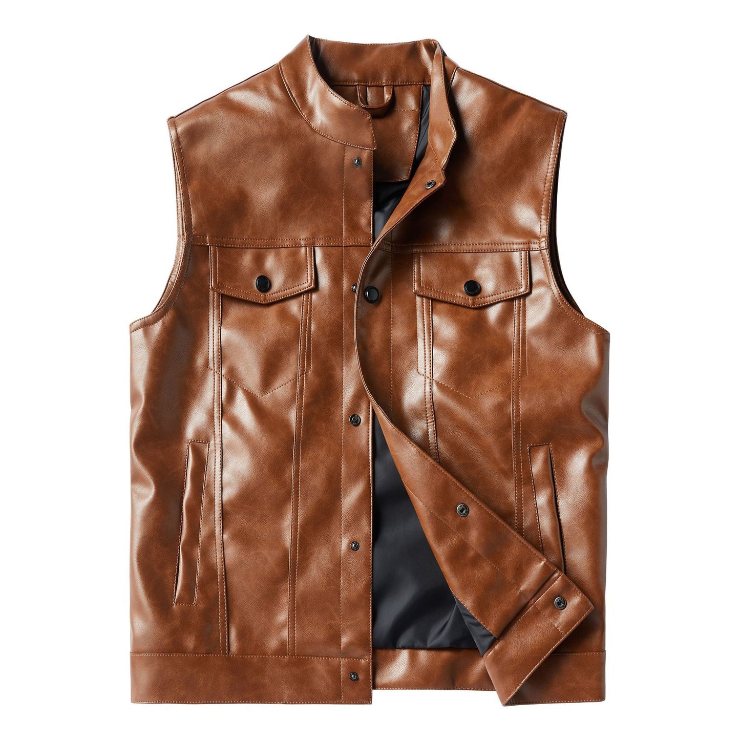 Men's Motorcycle Multi-pocket Pu Casual Vest Sleeveless Jacket