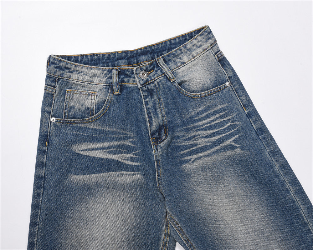 Washed White Pleated Straight Jeans For Men