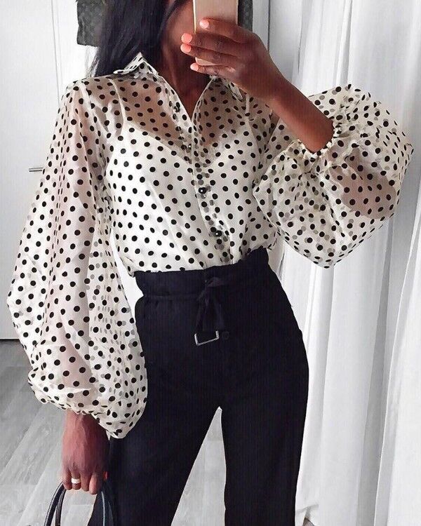 Polka dot mesh yarn bubble sleeve lapel long sleeve shirt