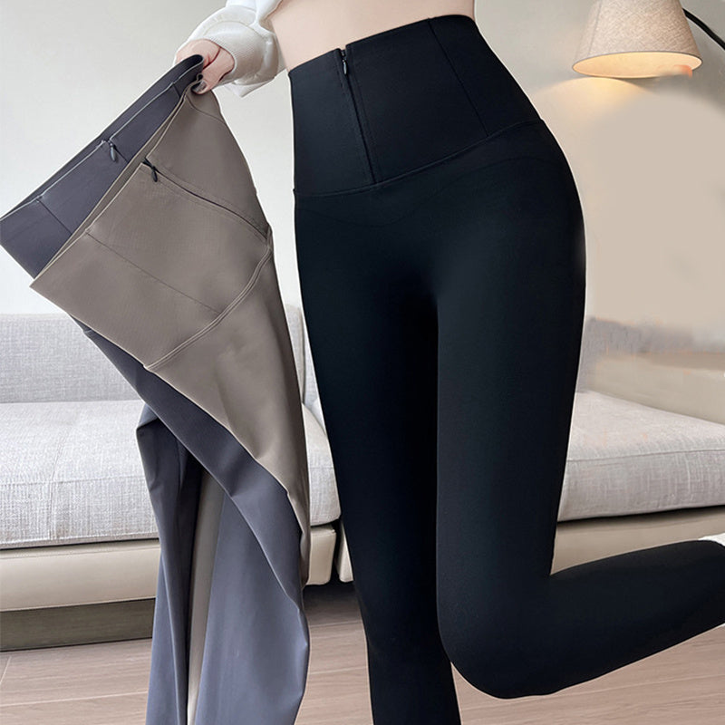 Belly-controlling Butt Lifting Leggings With Three-breasted Design Winter High Waist Slim Zippere Pants Warm Velvet And Thickened Trousers Women Clothing