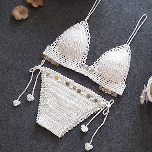 European And American New Women's Swimsuit Suit Beach Sunshine Bath Foreign Trade Handmade Crochet Tassel Split Bikini