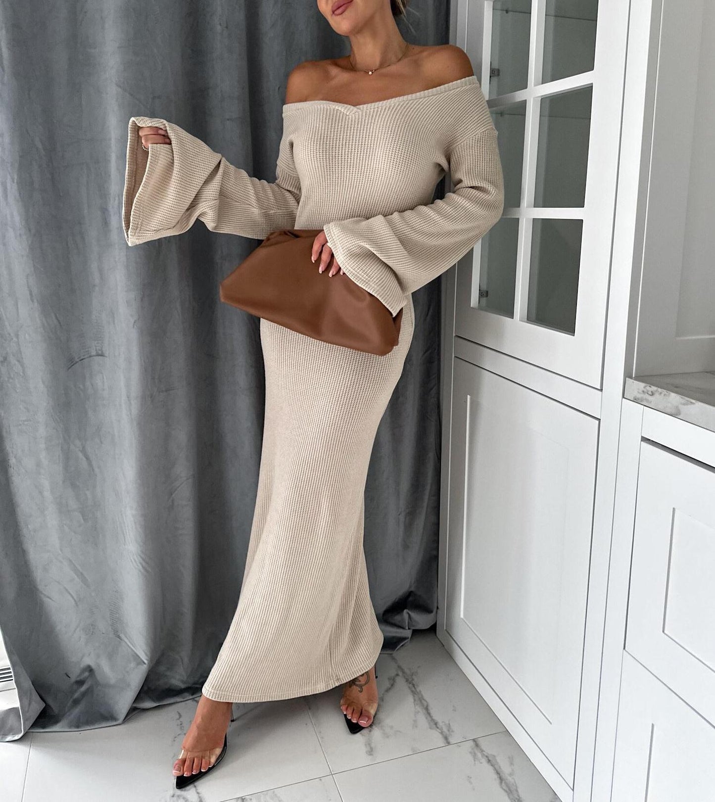 Knitted V-neck Long Sleeve Thick Dress Women