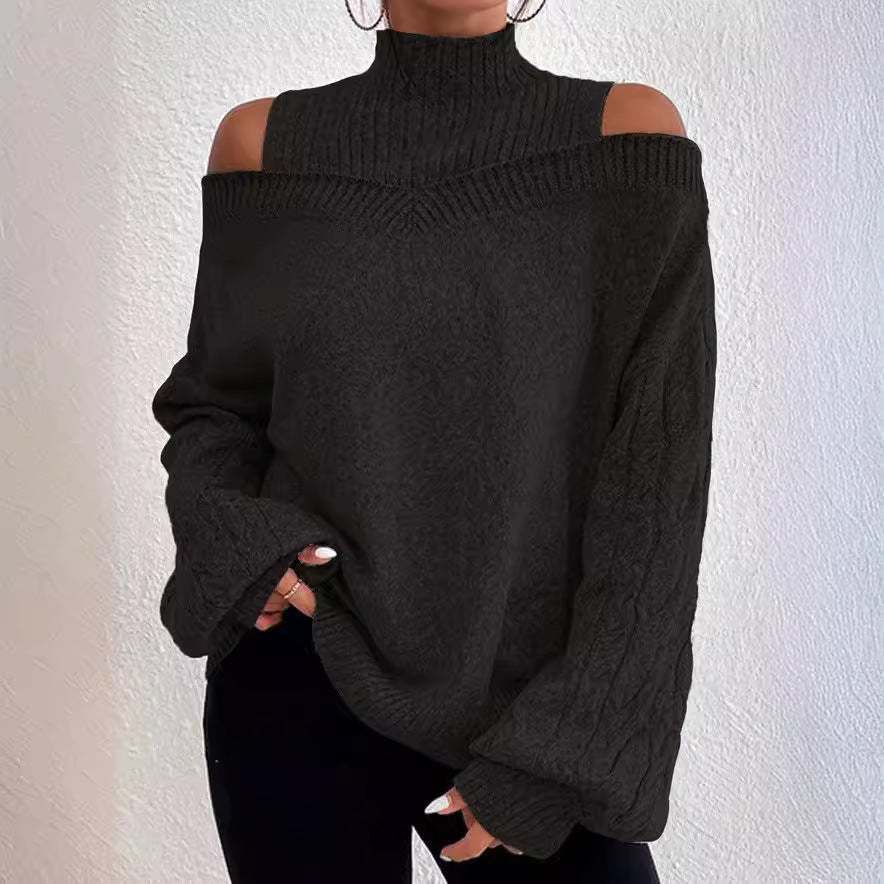 European And American Off-the-shoulder Sweater Women's Pullover Half Turtleneck Autumn And Winter New Lantern Sleeve Sweater