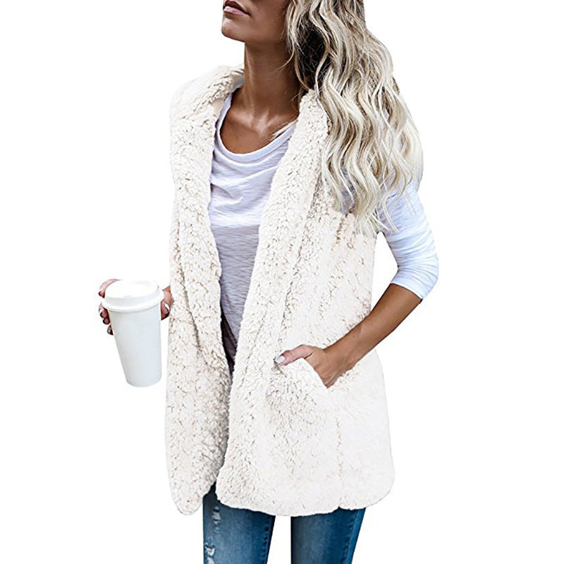 Fashion Solid Color Sleeveless Hooded Pocket Cashmere Vest