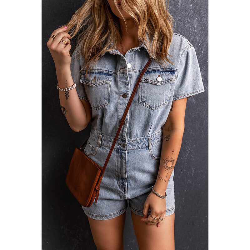 Retro Washed Short Sleeve Rompers Women