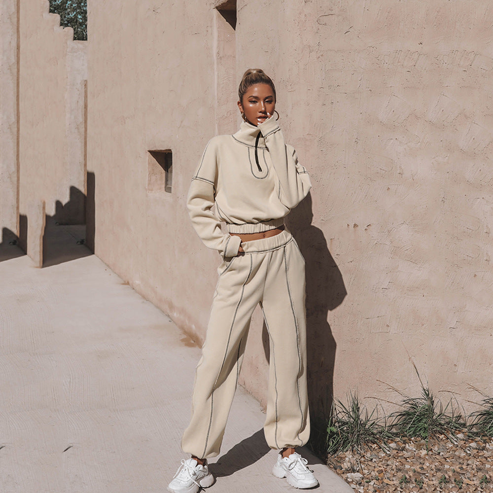 Sweat-shirt à col roulé à manches longues Stand Up Up Zipper Top court avec pantalon de jambe droite lâche Vêtements pour femmes