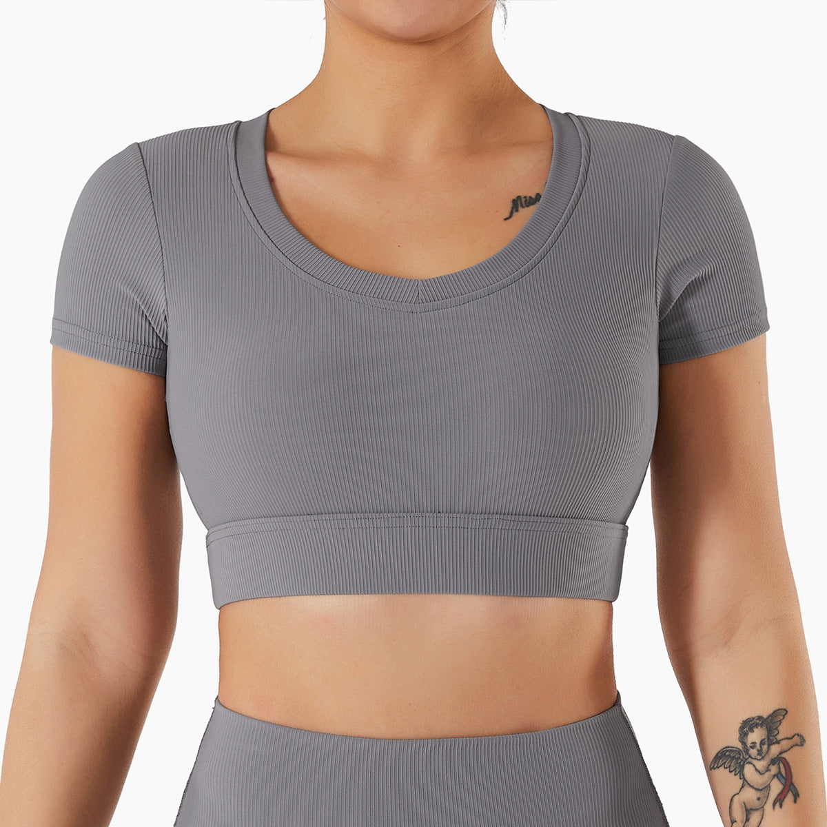 Yoga-Kleidung kurzärmeligte Nabelschnüffler Sport Top Damen Kurztrocknen Nackt Fitness Kurzärärmelte T-Shirt