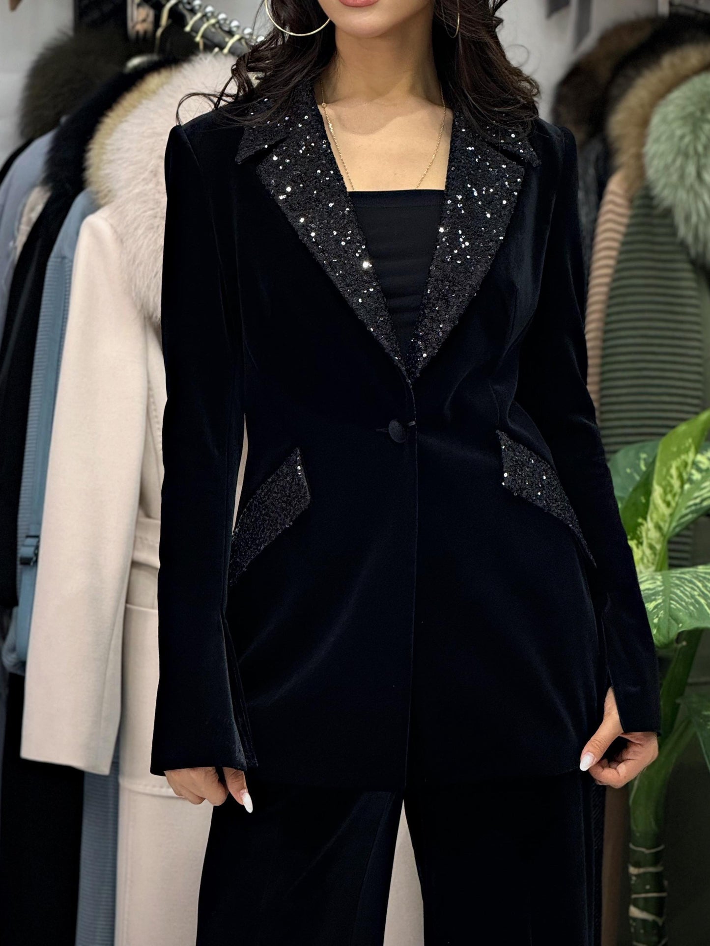 Velvet Patchwork Sequined Blazer & High-waisted Pants Suit