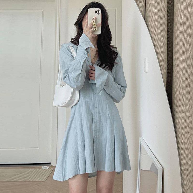 Spring Concise Lapel And Waist Tight Slimming Flared Sleeves Irregular A- Line Shirt Dress For Women