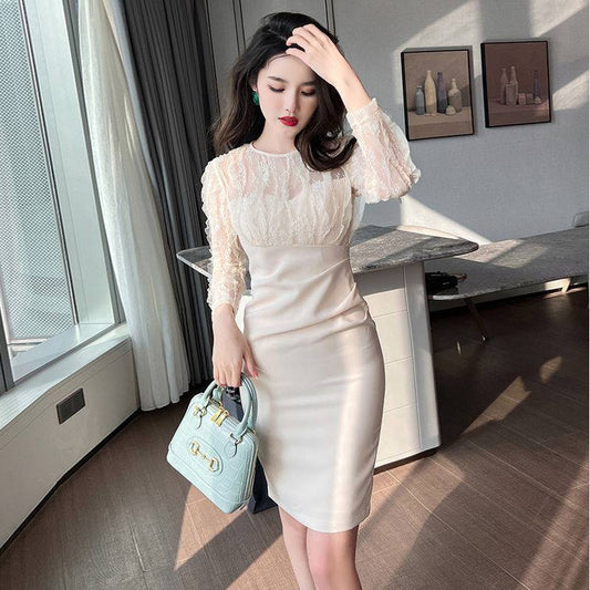 Slim-fit Sheath Long-sleeved White Dress