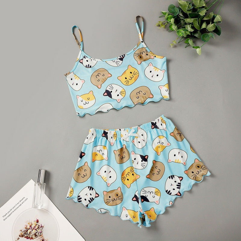 Printed Strap Tube Top Shorts Home Wear Suit