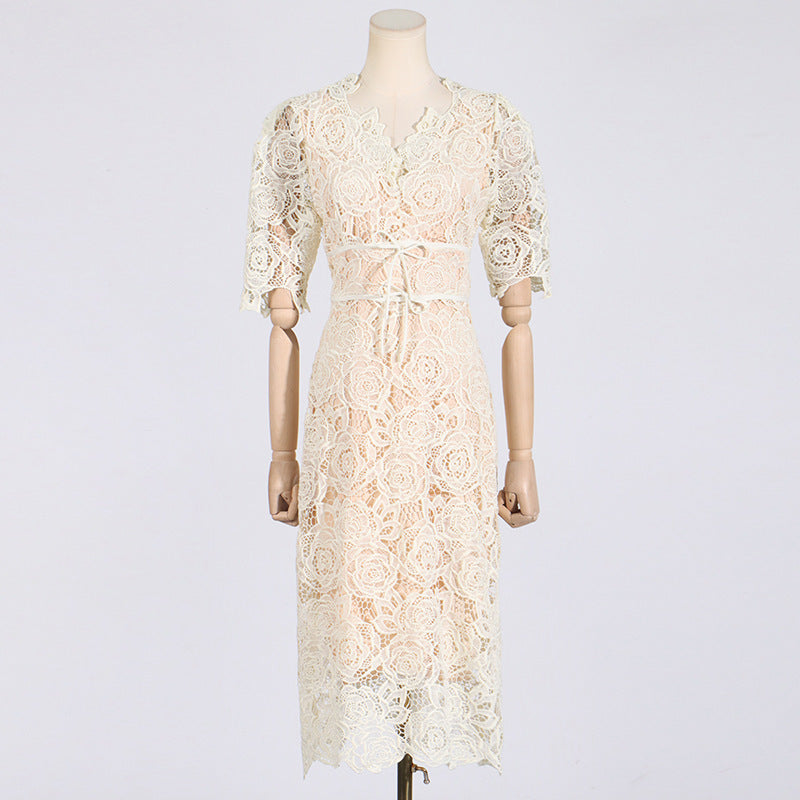 French Elegant Dress Women's New Lace Embroidered Short Sleeve Slim-fit High-end Socialite Dress