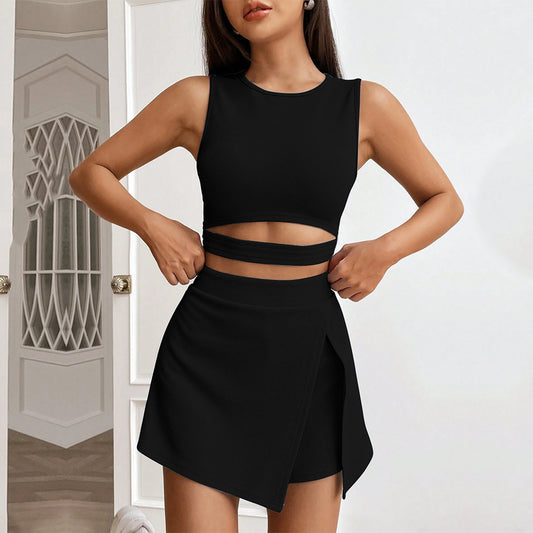 European And American Cropped Bare Midriff Slim Fit Sleeveless Knitted Vest High Waist Stretch Culottes