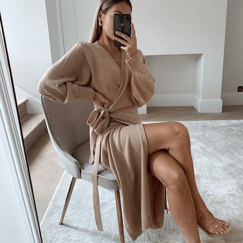 V-neck sweater dress women