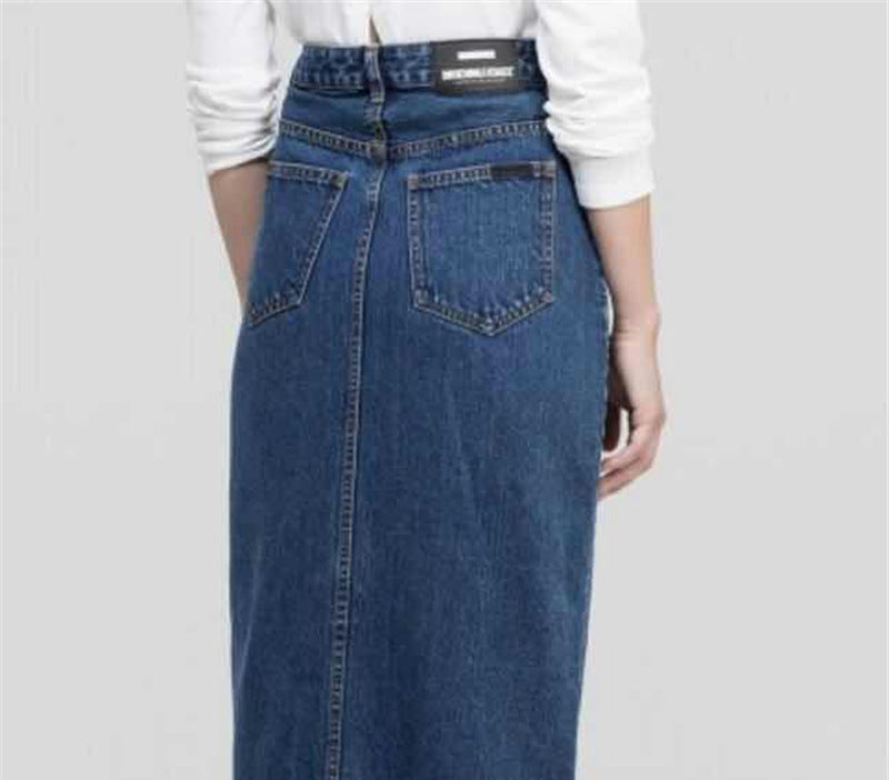 Long button denim bag hip skirt bag hip skirt