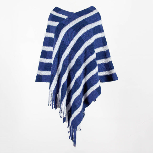 V-neck striped fringed shawl