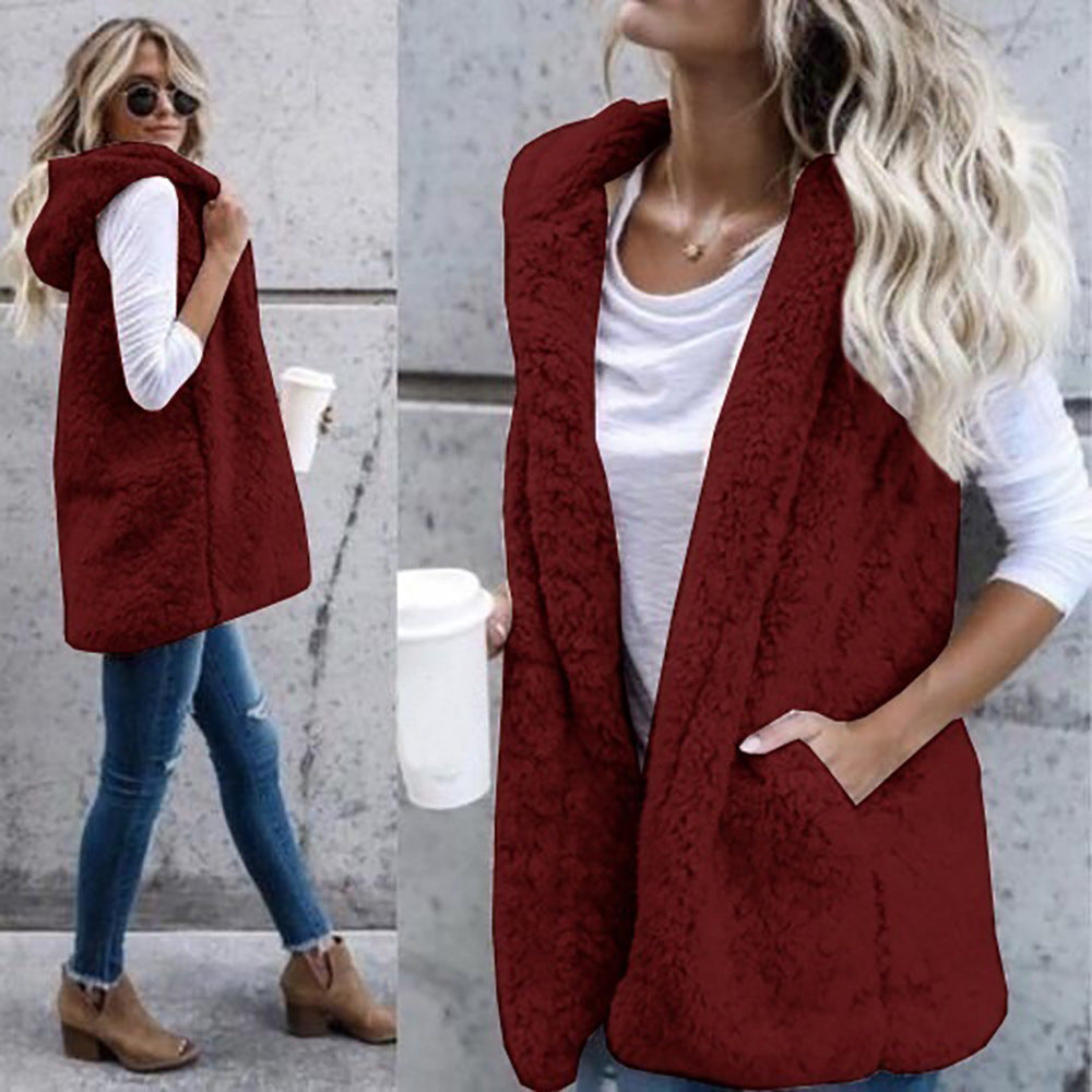 Fashion Solid Color Sleeveless Hooded Pocket Cashmere Vest