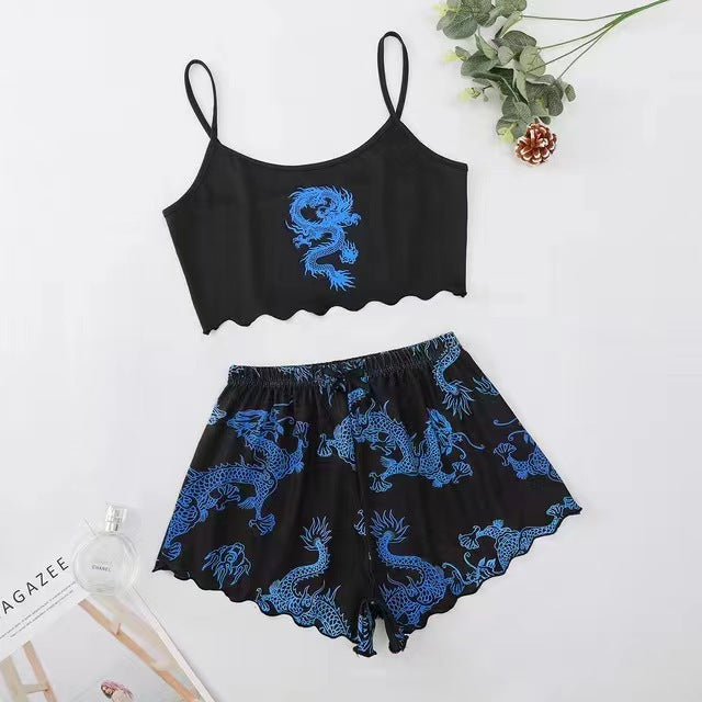 Printed Strap Tube Top Shorts Home Wear Suit