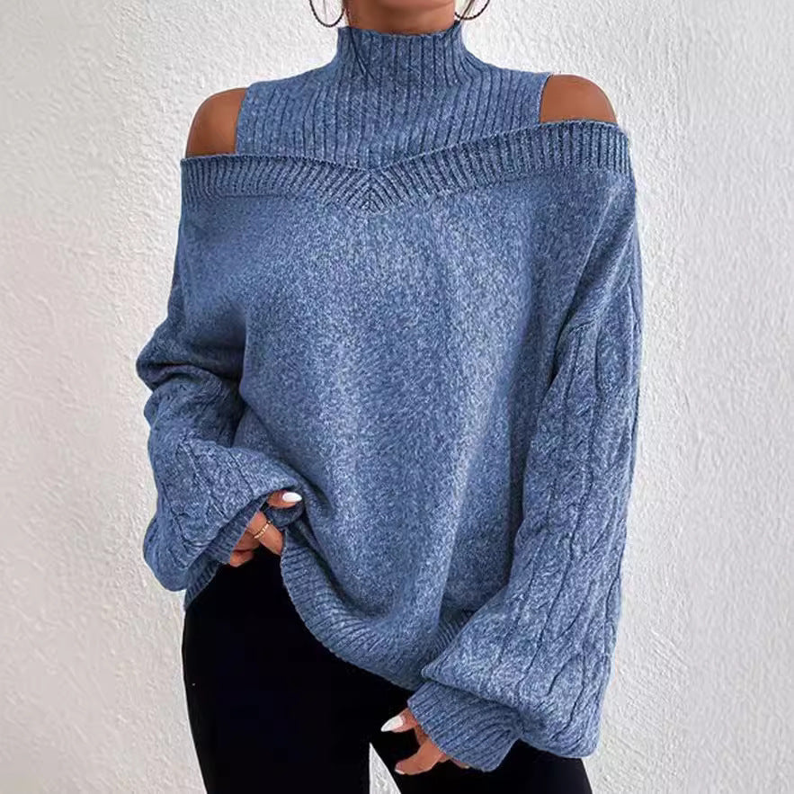 European And American Off-the-shoulder Sweater Women's Pullover Half Turtleneck Autumn And Winter New Lantern Sleeve Sweater