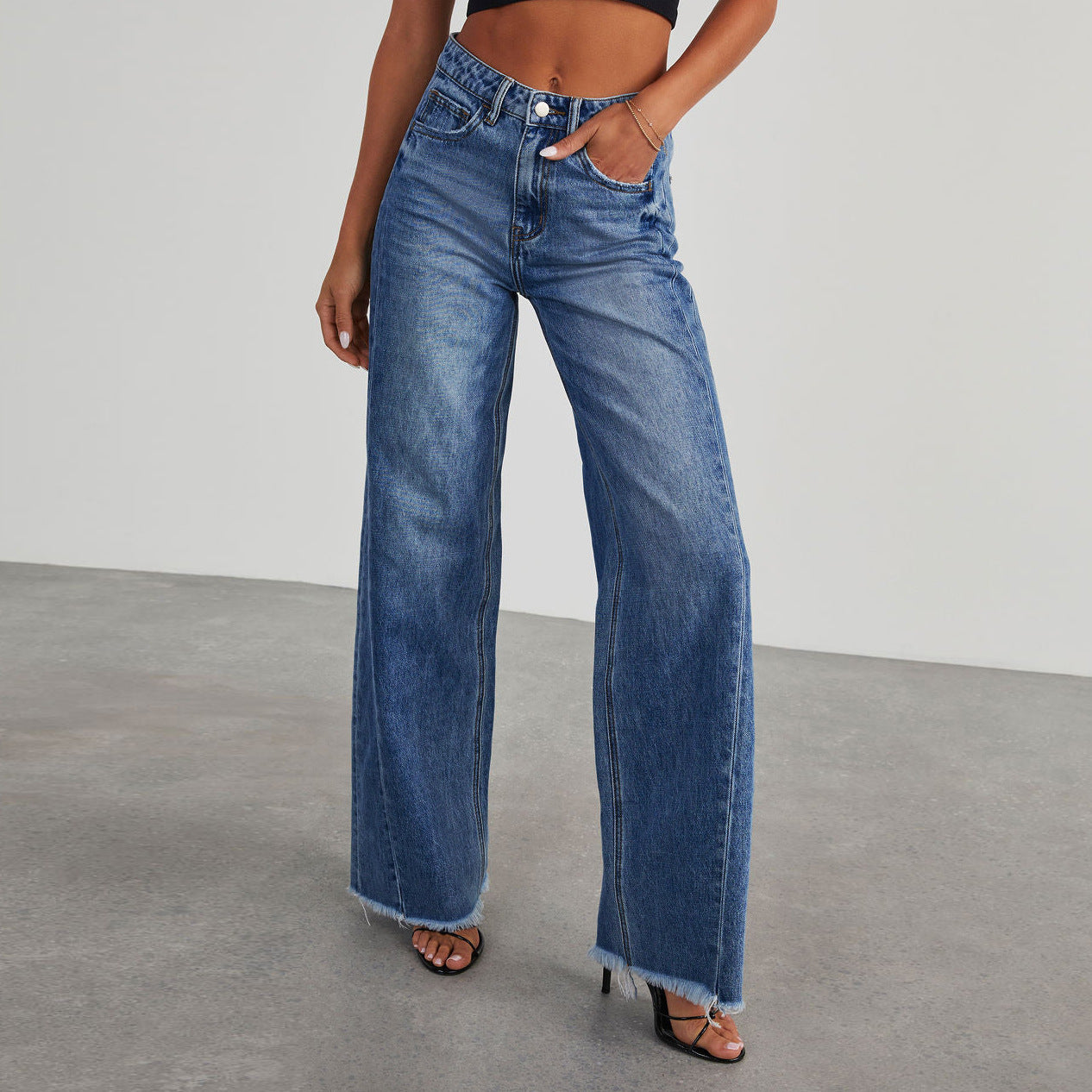 Jean à la taille haute mode avec poches confortables slim fit pantalon large à jambes larges vêtements pour femmes