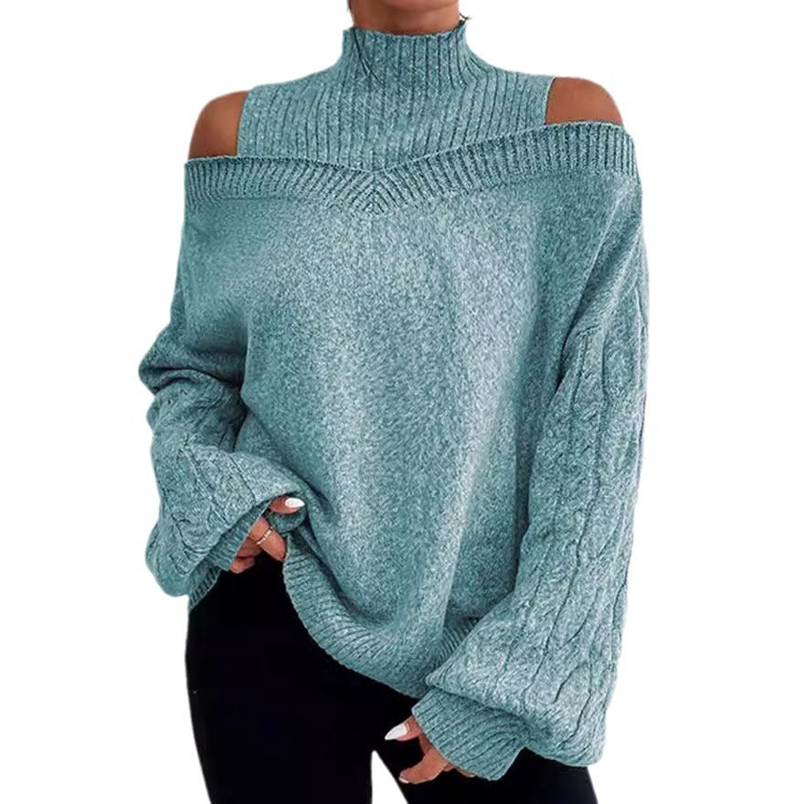 European And American Off-the-shoulder Sweater Women's Pullover Half Turtleneck Autumn And Winter New Lantern Sleeve Sweater