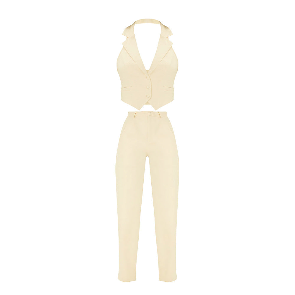 Niche Femme Asymétrique Collier Halter Vest Suit Casual Two-Piece Sett