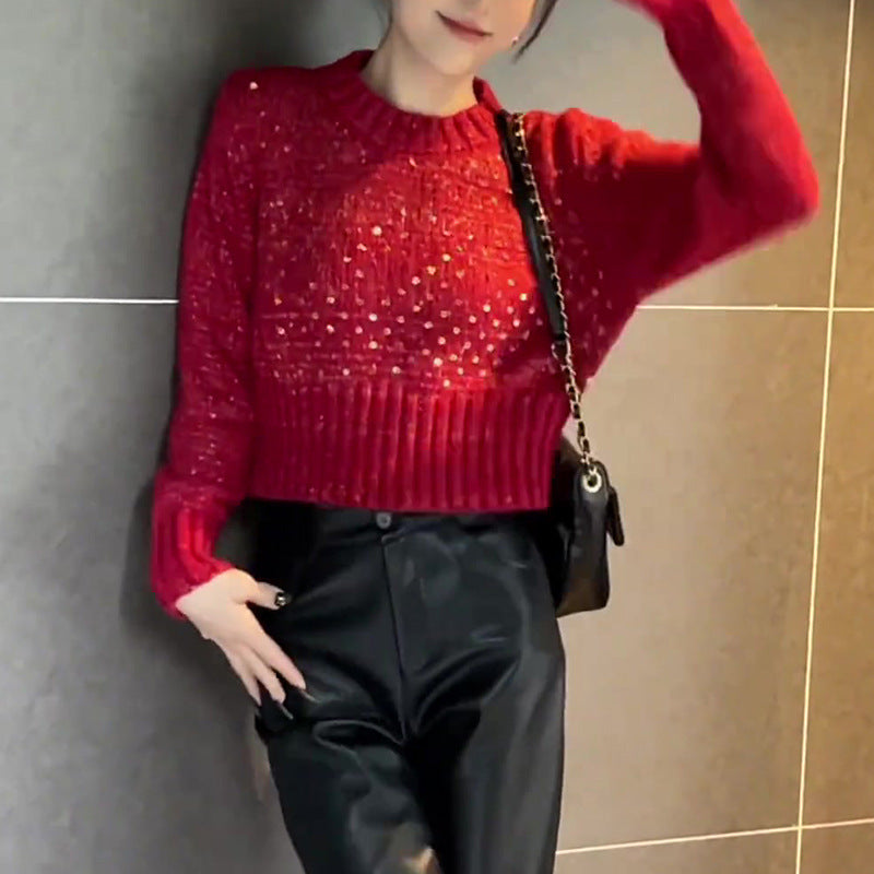 Korean Style O-neck Short Pullover Sequined Sweater