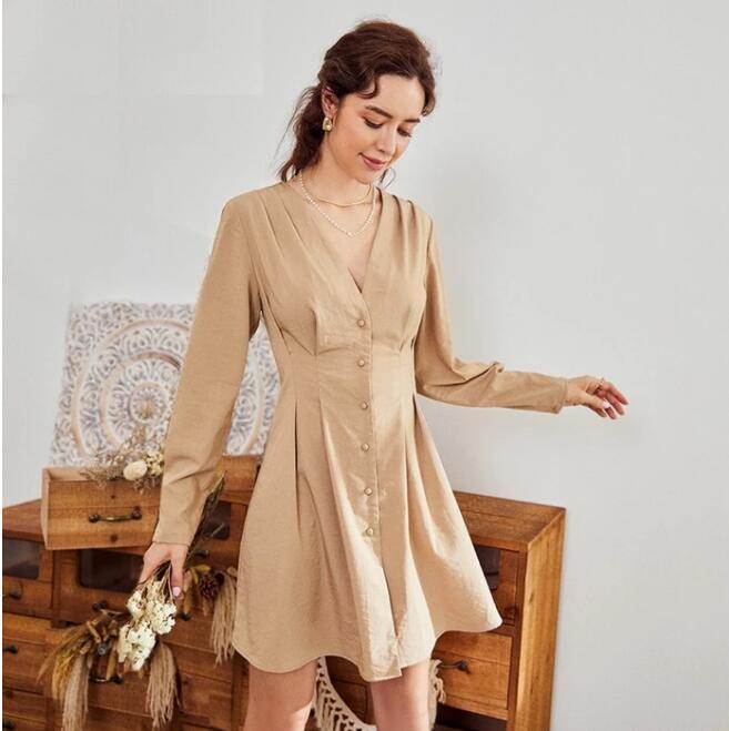 V-neck button long sleeve dress