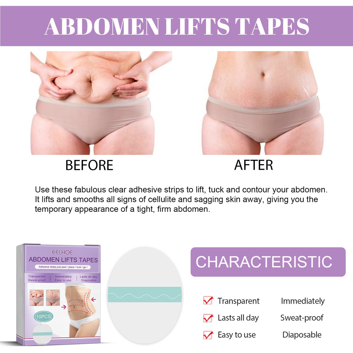 Eelhoe Abdomen Lifting Tapes Belly Pad Antirughe Rimozione Cura della pelle Facile da usare