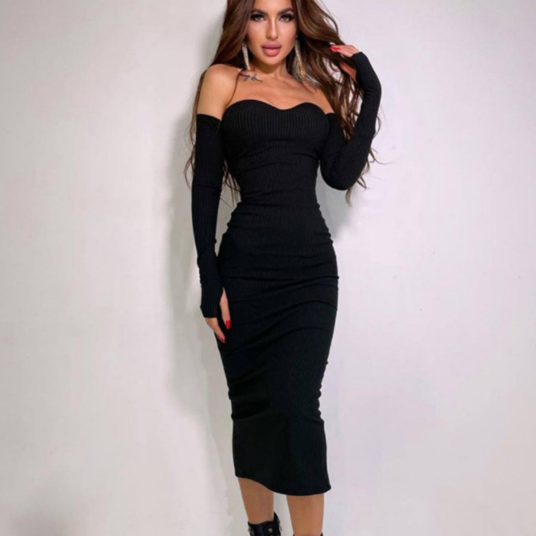 Autumn Winter Hip Knitwear Off-shoulder Long Sleeve Strapless Long Type Dress