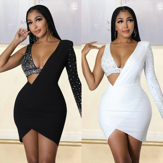 Women's Fashion Tight Rhinestone One-shoulder Dress