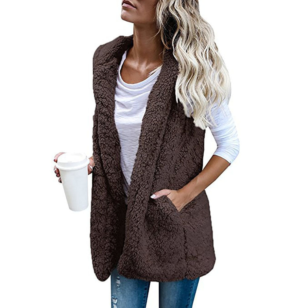 Fashion Solid Color Sleeveless Hooded Pocket Cashmere Vest