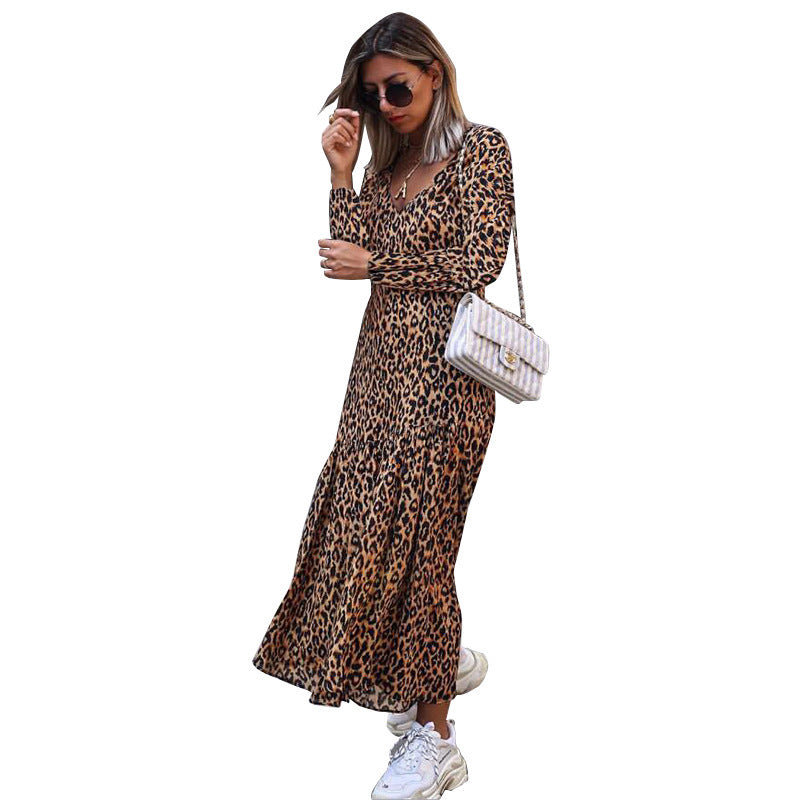 Leopard print V-neck casual dress