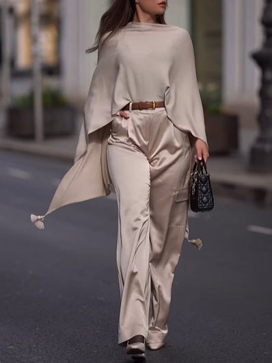 Solid Color Satin Shawl Top & High Waist Pants Set