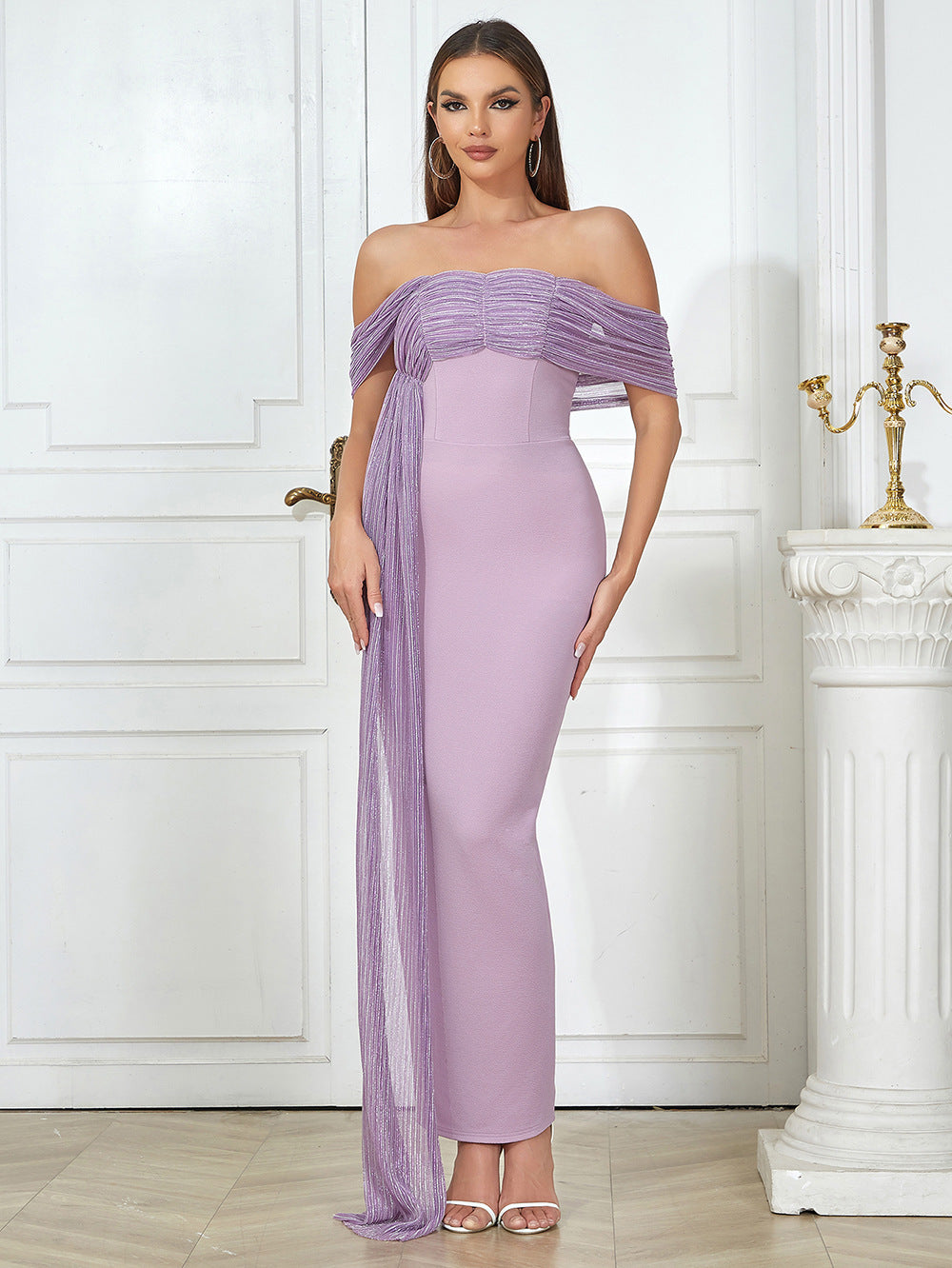 Women's Off-shoulder Pleated Long, Purple Style Hip Bag Dress