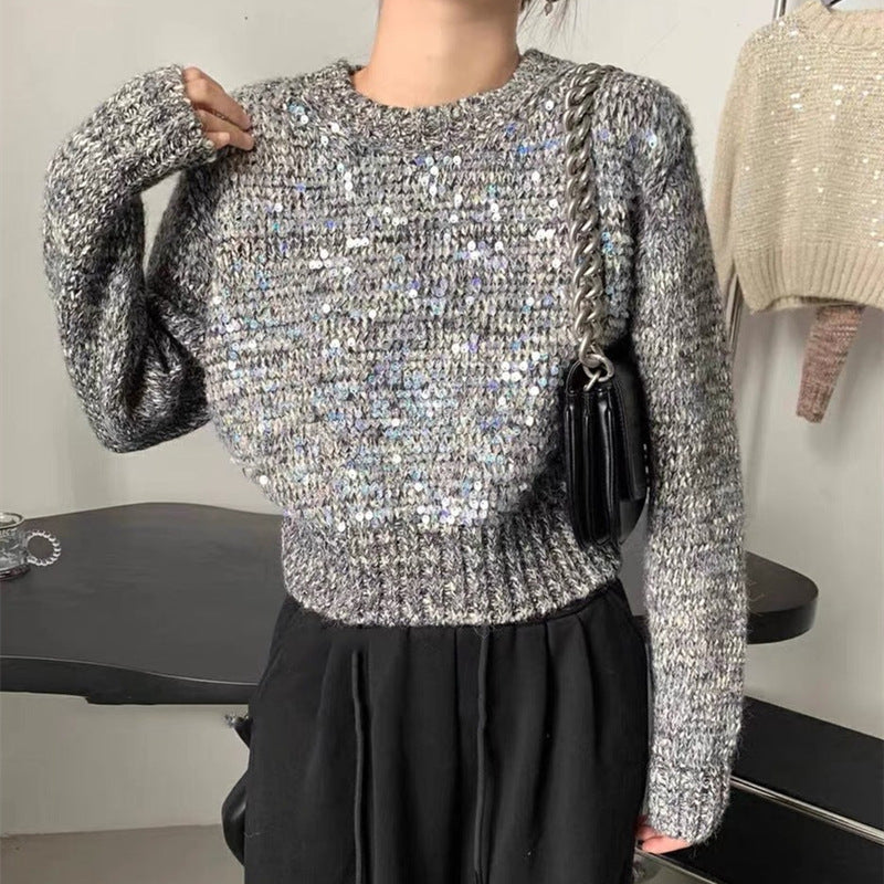 Korean Style O-neck Short Pullover Sequined Sweater