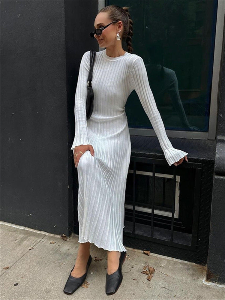 Long Sleeve Round Neck Tight Knitted Sunken Stripe Solid Color Dress