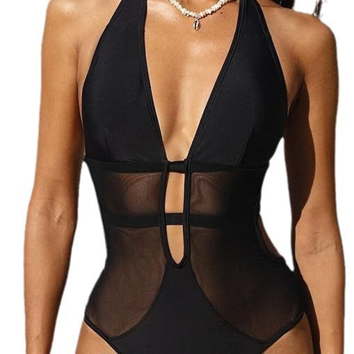 Women's V-neck Hanging Neck Mesh Fashion One-piece Swimsuit