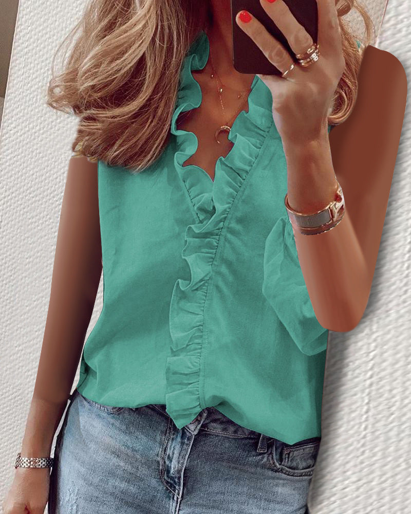 Ruffled Sleeveless Slim Print Shirt Women