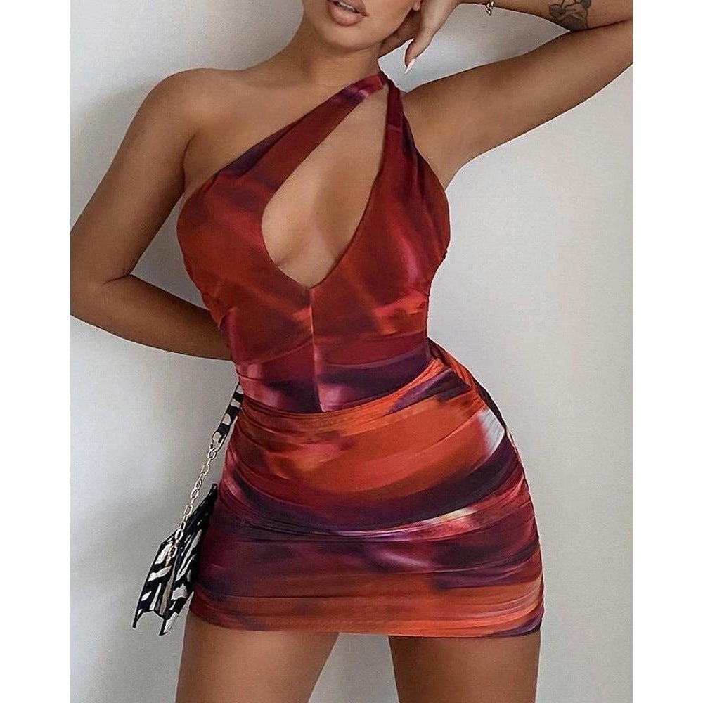 Tie-dye Printed Halter Pleated Tight-fitting DressTie-dyed Non-posture Tight-fitting Dress