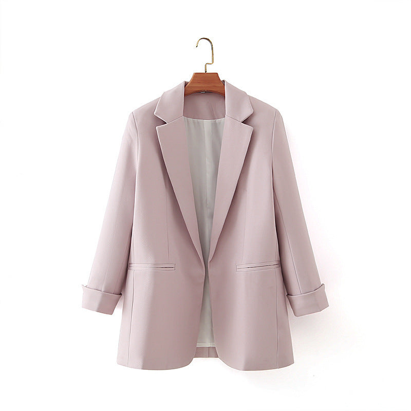 Buttonless Hem Sleeve Suit Coat Solid Casual Pants Suit